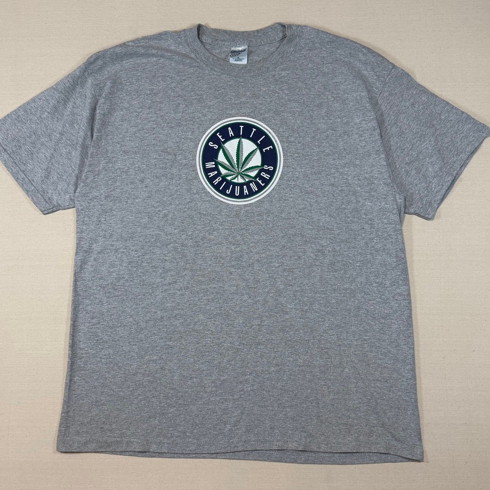 Vintage Seattle Marijuaners Graphic T-Shirt Gray XL Parody Weed Leaf Mens Tee